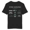 Schwarzes unisex Shirt mit großem Backprint "Fine Dining in Bayern" und verschiedenen bayerischen Spezialitäten wie Weißwiascht, Obazda, Auszogne, Steckerlfisch und Leberkas von Grantler Gwand.