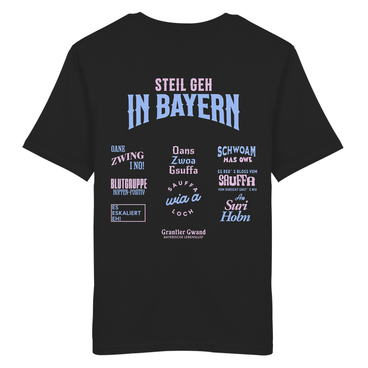 Schwarzes T-Shirt mit großem Backprint aus mehreren bayerischen Dialektsprüchen im modernen Typografie-Design von Grantler Gwand.