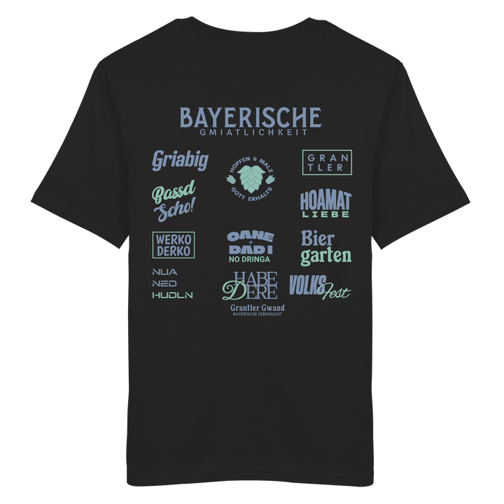 Schwarzes Bayerische Gmiatlichkeit Unisex T-Shirt mit großem grünem Backprint und bayerischen Begriffen wie Hoamatliebe, Biergarten, Volksfest, Grantler, Hopfen &amp; Malz und Griabig. Unisex T-Shirt aus 100 % ringgesponnener Baumwolle im modernen Streetwear-Look. Designed und bedruckt in Bayern von Grantler Gwand.