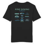 Schwarzes Unisex T-Shirt mit grünem „Fine Dining in Bayern“-Backprint – bayerische Streetwear mit typografischem Motiv rund um Leberkas, Brezen, Dampfnudeln und weitere Klassiker der bayerischen Küche.