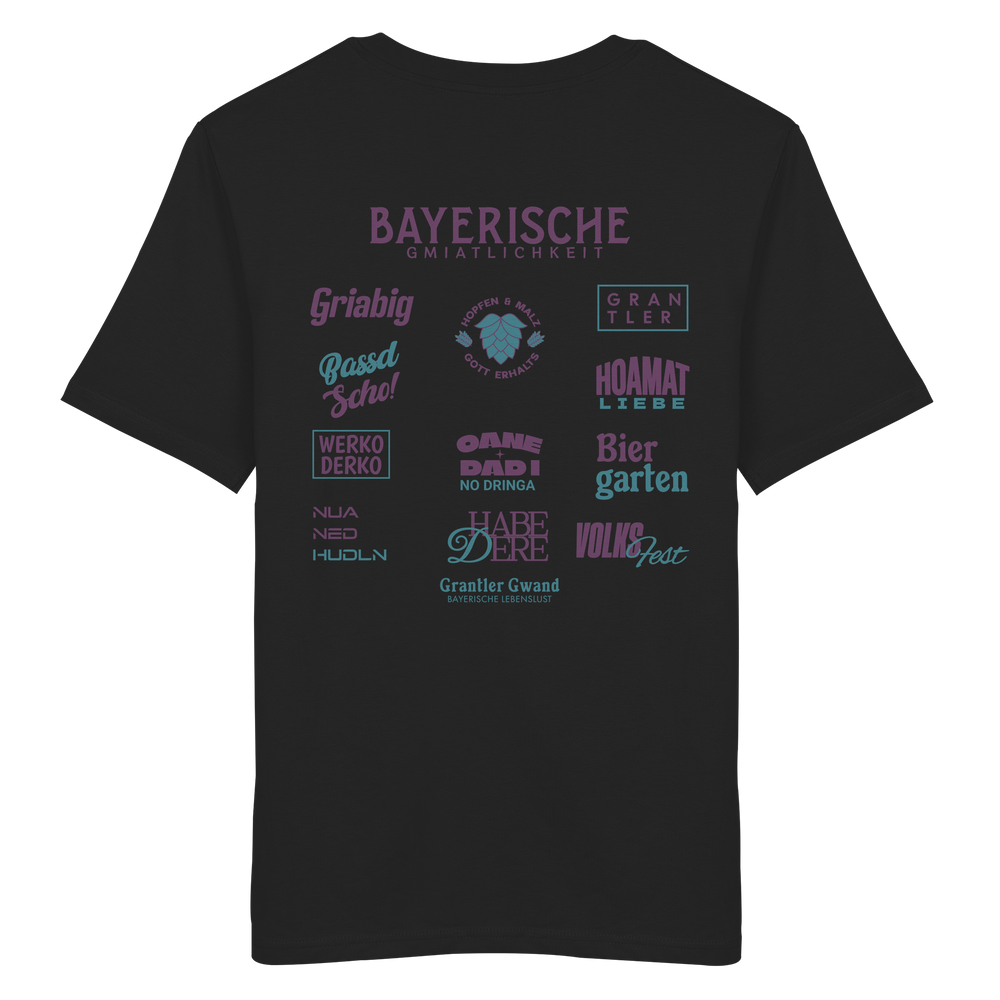 Schwarzes Unisex T-Shirt mit großem lila Backprint „Bayerische Gmiatlichkeit“ und typischen bayerischen Begriffen wie Hoamatliebe, Biergarten, Volksfest, Grantler, Hopfen & Malz und Griabig. Unisex Premium-T-Shirt aus ringgesponnener Baumwolle im modernen Streetwear-Style. Designed und bedruckt in Bayern von Grantler Gwand.
