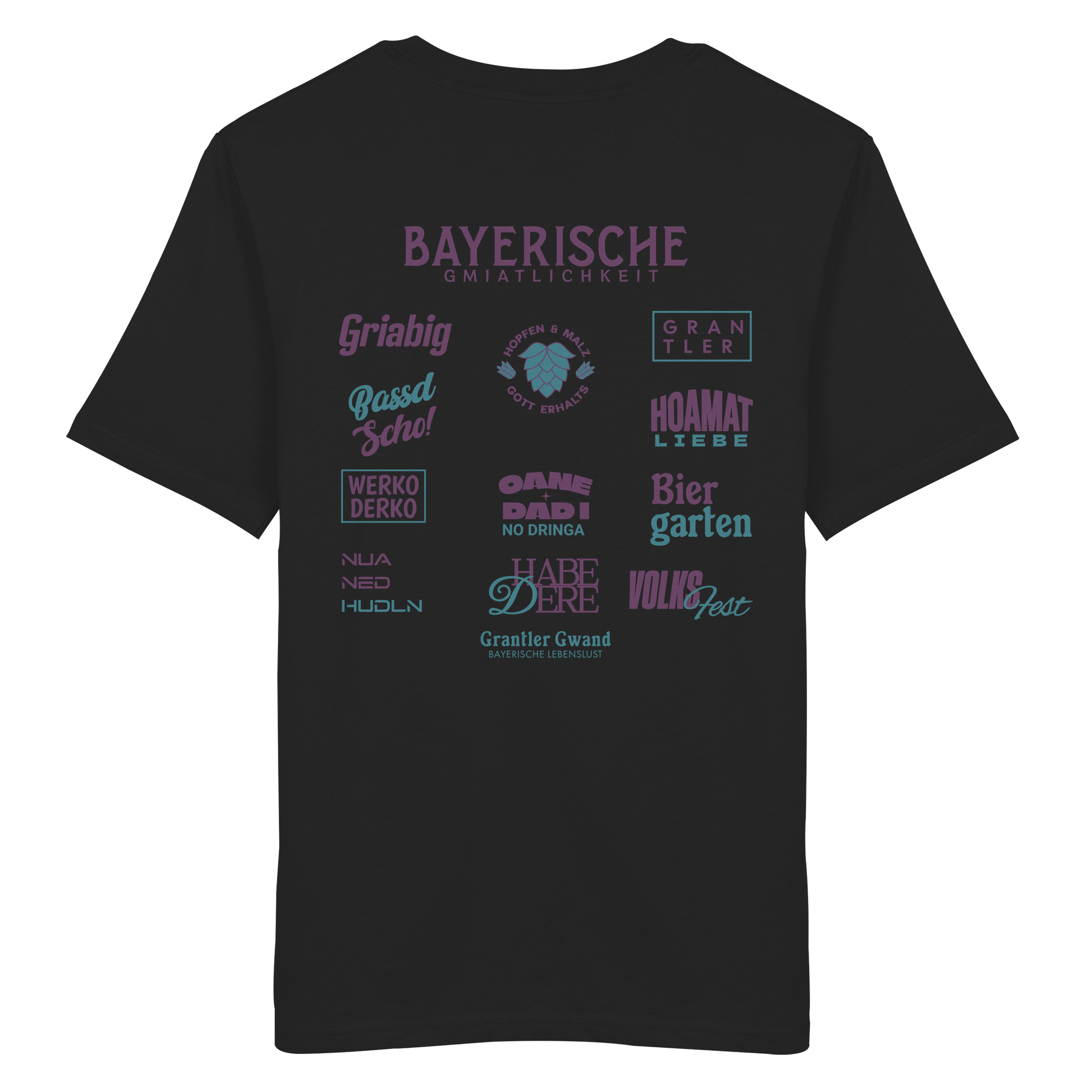 Bayerische Gmiatlichkeit - lila Variante - Backprint - T-Shirt