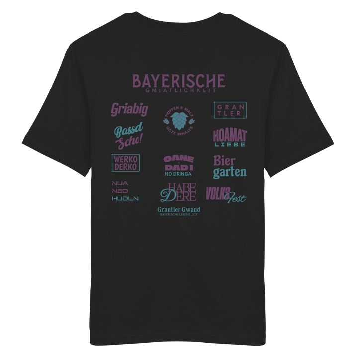 Schwarzes Unisex T-Shirt mit großem lila Backprint „Bayerische Gmiatlichkeit“ und typischen bayerischen Begriffen wie Hoamatliebe, Biergarten, Volksfest, Grantler, Hopfen &amp; Malz und Griabig. Unisex Premium-T-Shirt aus ringgesponnener Baumwolle im modernen Streetwear-Style. Designed und bedruckt in Bayern von Grantler Gwand.