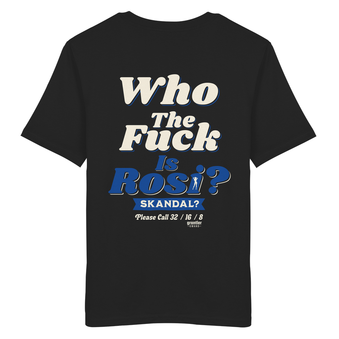 Schwarzes T-Shirt mit großem Backprint „Who The Fuck Is Rosi? Skandal?“ in Creme und Blau im Retro-Stil.