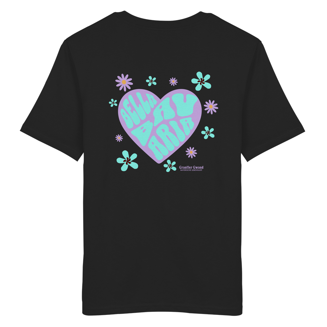 Bayerisches T-Shirt in schwarz mit lila Herzmotiv, türkisfarbener Aufschrift "Besser auf Bairisch" und floralen Retro-Elementen im modernen Streetwear-Design von Grantler Gwand.