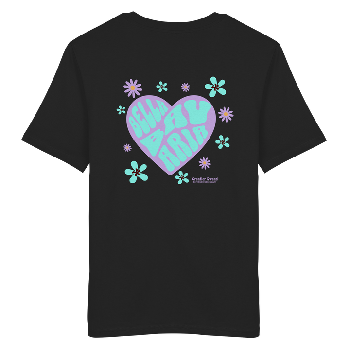 Bayerisches T-Shirt in schwarz mit lila Herzmotiv, türkisfarbener Aufschrift "Besser auf Bairisch" und floralen Retro-Elementen im modernen Streetwear-Design von Grantler Gwand.