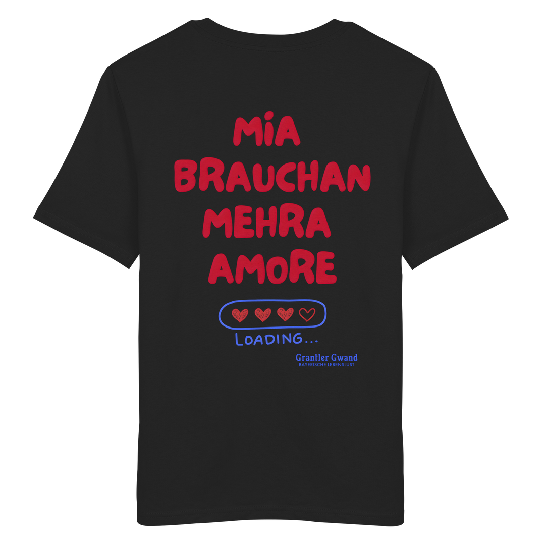 Schwarzes Shirt mit großem Backprint "Mia brauchan mehra Amore" und Herz-Ladebalken im bayerischen Streetwear-Design von Grantler Gwand.