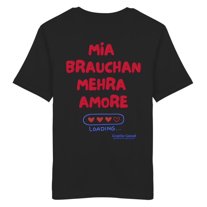 Schwarzes Shirt mit großem Backprint "Mia brauchan mehra Amore" und Herz-Ladebalken im bayerischen Streetwear-Design von Grantler Gwand.