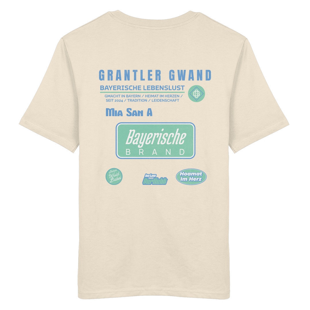 Naturfarbenes T-Shirt mit großem Grantler Gwand Backprint in Blau und Mintgrün sowie dem Schriftzug „Bayerische Brand“ im modernen Streetwear-Design.
