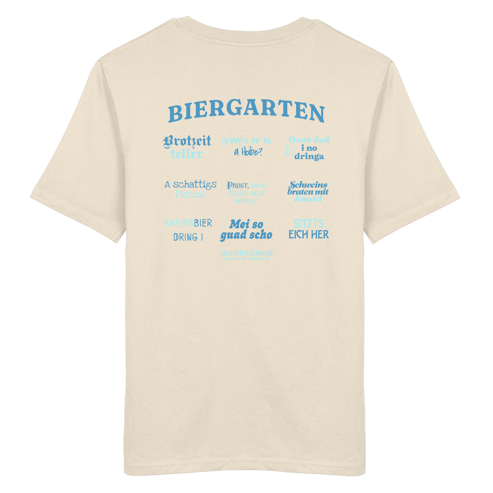 Cremefarbenes Unisex T-Shirt mit blau-grünem „Biergarten“-Rückendruck im Retro-Design – hochwertiger  Hoodie von Grantler Gwand.