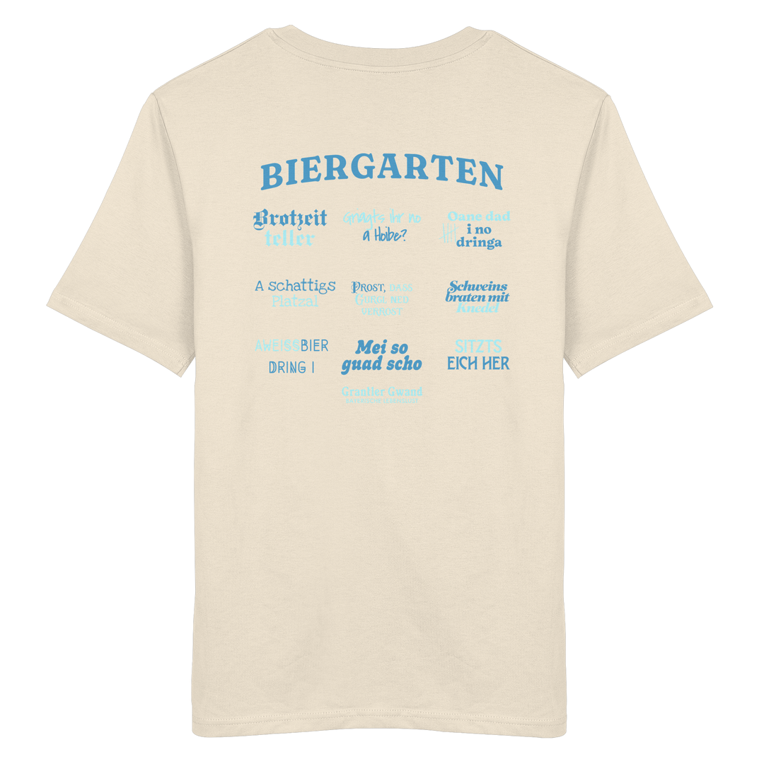 Cremefarbenes Unisex T-Shirt mit blau-grünem „Biergarten“-Rückendruck im Retro-Design – hochwertiger  Hoodie von Grantler Gwand.
