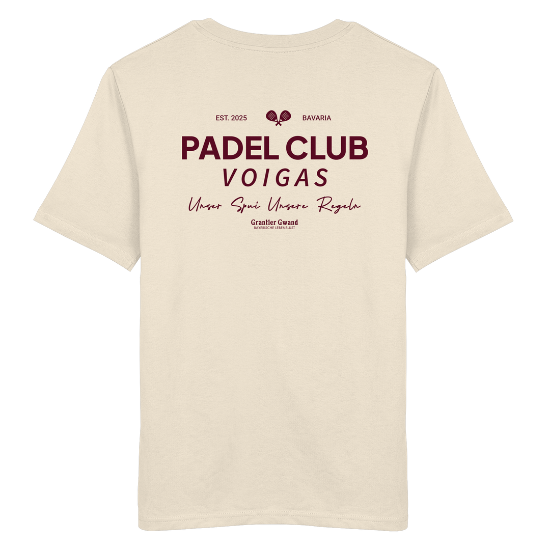 Cremefarbenes Unisex T-Shirt mit rotem „Padel Club“-Backprint – hochwertiges Streetwear Shirt von Grantler Gwand für Padel-Fans.