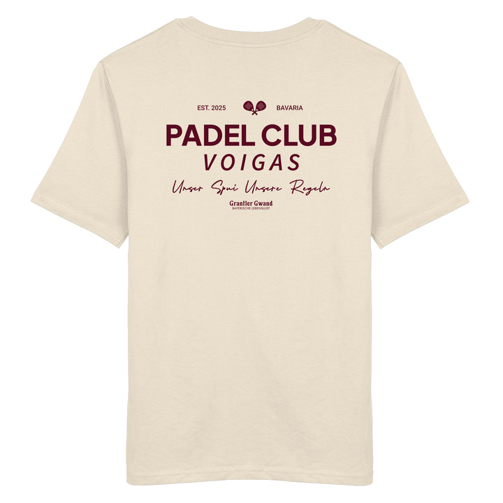 Cremefarbenes Unisex T-Shirt mit rotem „Padel Club“-Backprint – hochwertiges Streetwear Shirt von Grantler Gwand für Padel-Fans.