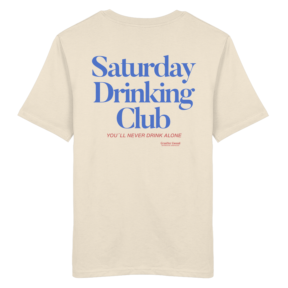 Naturfarbenes Shirt mit großem Rückenprint „Saturday Drinking Club“ in Blau und rotem Schriftzug „You'll never drink alone“.