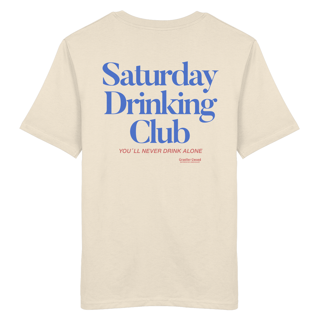 Naturfarbenes Shirt mit großem Rückenprint „Saturday Drinking Club“ in Blau und rotem Schriftzug „You&