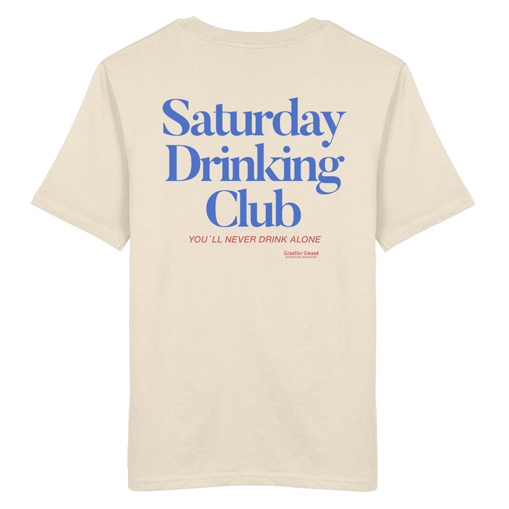 Naturfarbenes Shirt mit großem Rückenprint „Saturday Drinking Club“ in Blau und rotem Schriftzug „You&