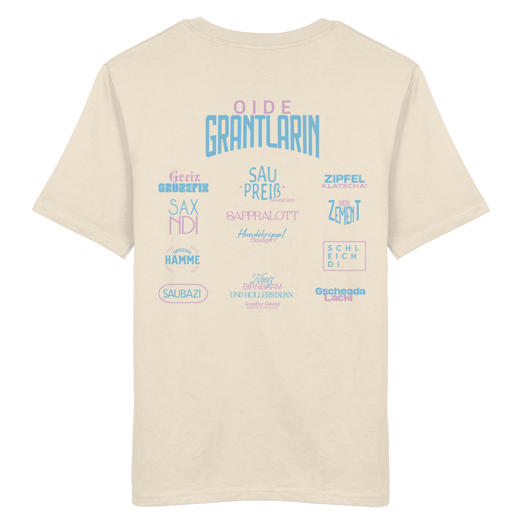 Naturfarbenes Shirt mit großem Backprint „Oide Grantlarin“ sowie bayerischen Dialektbegriffen im modernen Typografie-Design von Grantler Gwand.