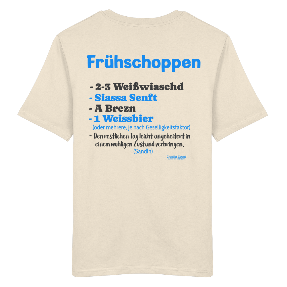 Naturfarbenes Shirt mit großem Backprint „Frühschoppen“ und humorvoller bayerischer Anleitung zu Weißwurst, Brezn und Weißbier.