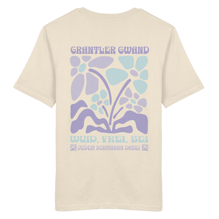 Naturfarbenes unisex Shirt mit großem Retro-Blumen-Backprint und dem bayerischen Schriftzug „Wuid, Frei, Bei Jedem Schmarrn Dabei“ von Grantler Gwand.