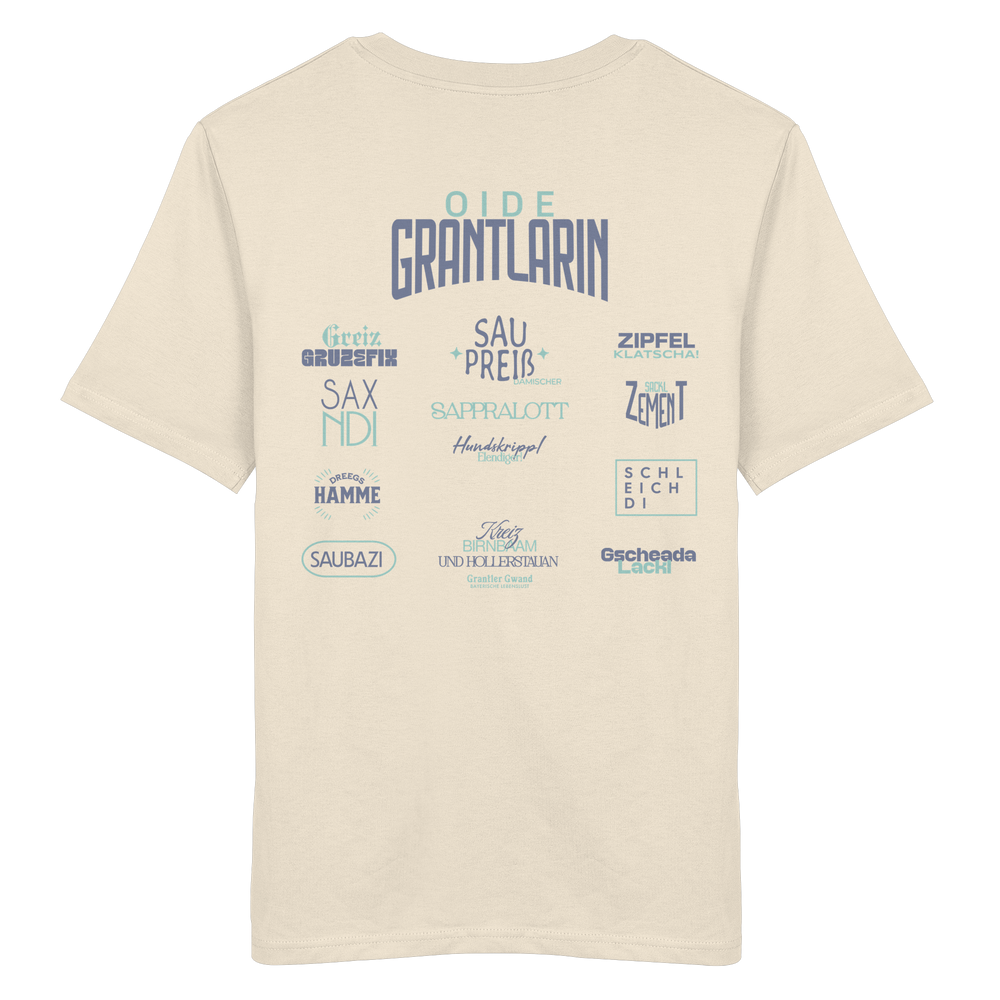 Naturfarbenes unisex Shirt mit großem Backprint „Oide Grantlarin“ sowie bayerischen Dialektbegriffen im modernen Typografie-Design von Grantler Gwand.