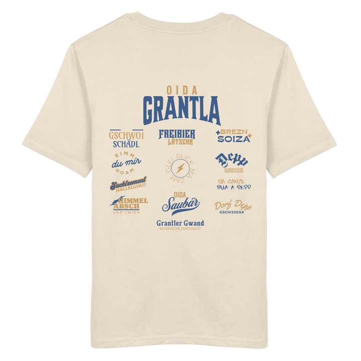 Naturfarbenes Shirt mit großem Backprint „Oida Grantla“ und verschiedenen bayerischen Dialektbegriffen wie Gschwoi Schädl, Freibier Låtschn, Brezn Soiza, Oida Saubär und Dorf Depp von Grantler Gwand.
