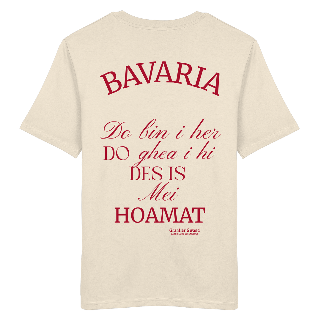 Naturfarbenes Shirt mit großem Backprint „Bavaria – Do bin i her. Do ghea i hi. Des is mei Hoamat.“ in elegantem Typografie-Design.