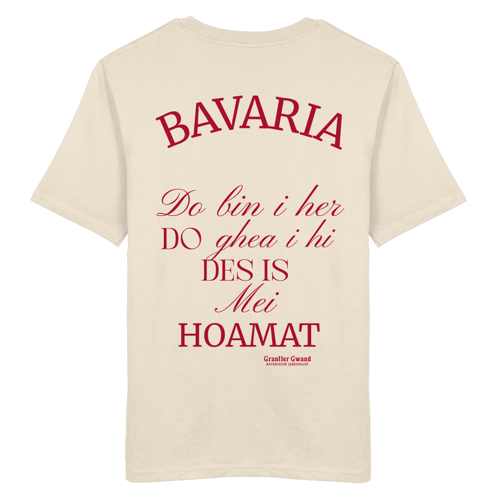 Naturfarbenes Shirt mit großem Backprint „Bavaria – Do bin i her. Do ghea i hi. Des is mei Hoamat.“ in elegantem Typografie-Design.
