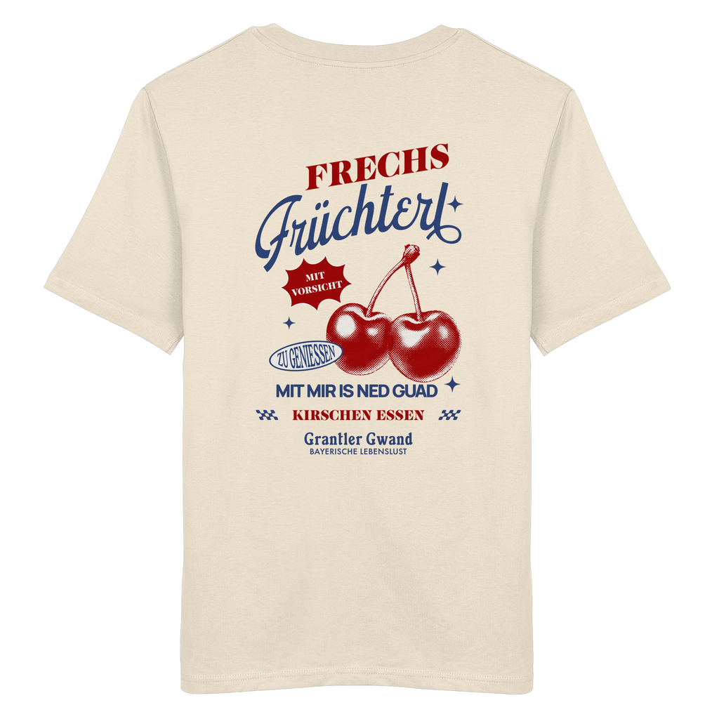Cremefarbenes Unisex-T-Shirt mit „Frechs Früchterl“-Backprint und Kirschen-Motiv – bayerische Streetwear im Vintage-Retro-Look von Grantler Gwand.