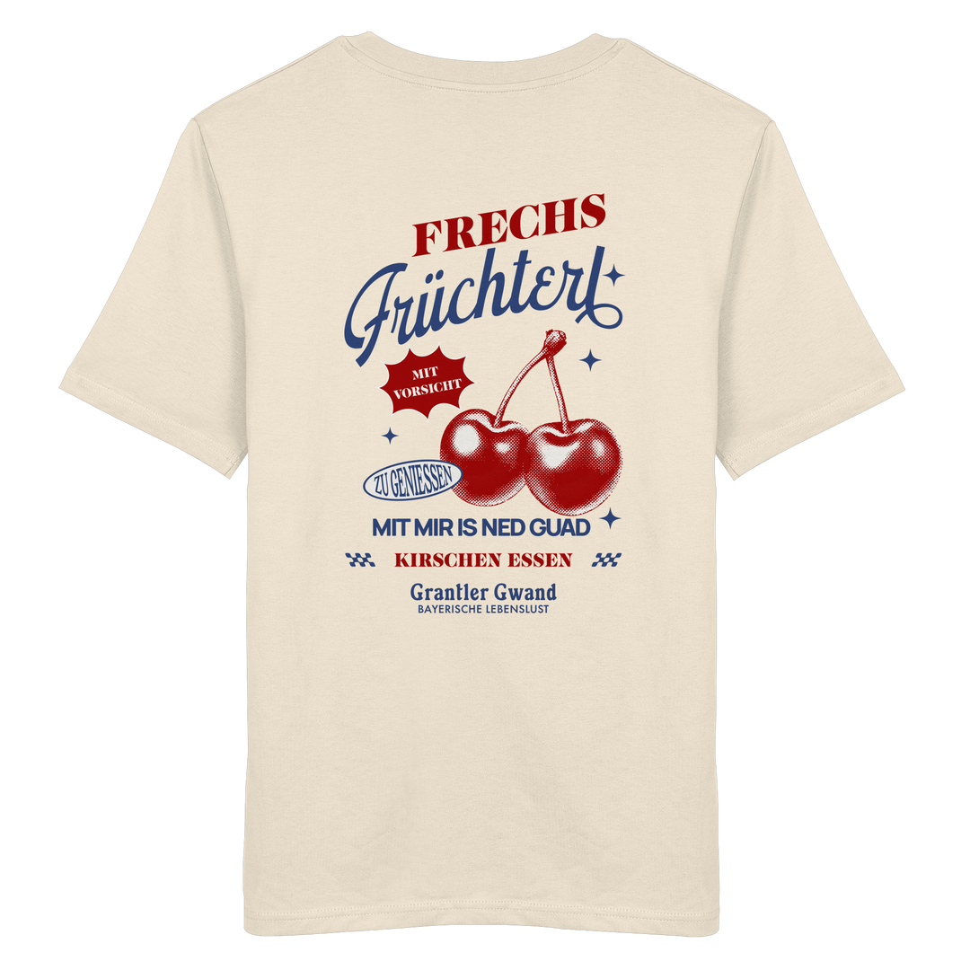 Cremefarbenes Unisex-T-Shirt mit „Frechs Früchterl“-Backprint und Kirschen-Motiv – bayerische Streetwear im Vintage-Retro-Look von Grantler Gwand.