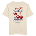 Cremefarbenes Unisex-T-Shirt mit „Frechs Früchterl“-Backprint und Kirschen-Motiv – bayerische Streetwear im Vintage-Retro-Look von Grantler Gwand.