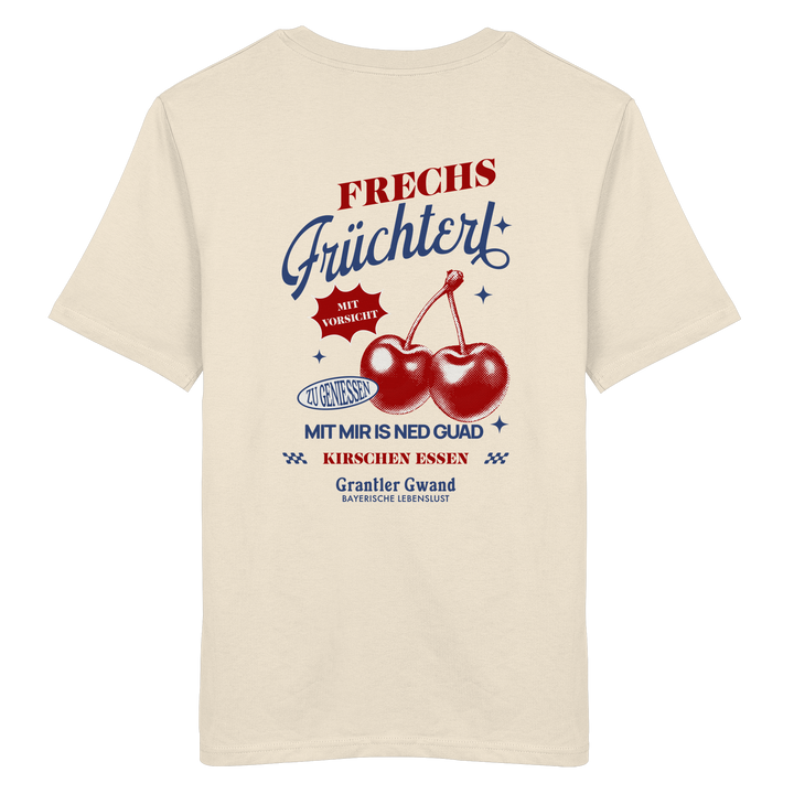 Cremefarbenes Unisex-T-Shirt mit „Frechs Früchterl“-Backprint und Kirschen-Motiv – bayerische Streetwear im Vintage-Retro-Look von Grantler Gwand.