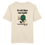Cremefarbenes Unisex T-Shirt mit großem Backprint „Es red's bloß vom Sauffa“ und lustigem Hopfen-Motiv – bayerisches Statement-Shirt von Grantler Gwand.