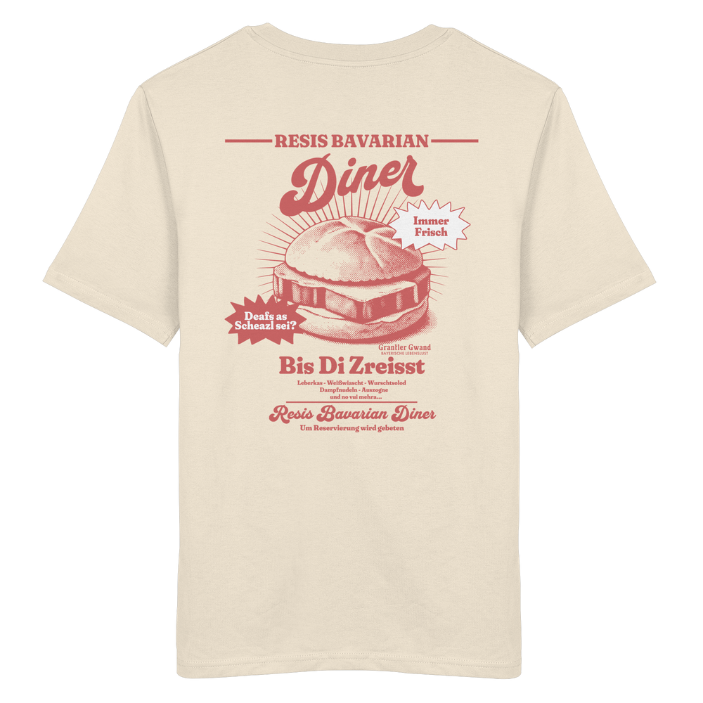 Cremefarbenes Unisex T-Shirt mit rotem Backprint „Resis Bavarian Diner“ – bayerisches Streetwear Shirt mit Leberkässemmel im Vintage-Diner-Design von Grantler Gwand.