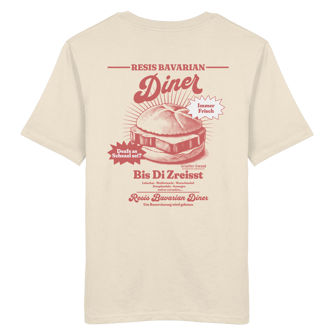 Cremefarbenes Unisex T-Shirt mit rotem Backprint „Resis Bavarian Diner“ – bayerisches Streetwear Shirt mit Leberkässemmel im Vintage-Diner-Design von Grantler Gwand.