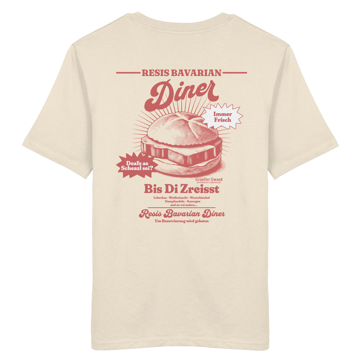 Cremefarbenes Unisex T-Shirt mit rotem Backprint „Resis Bavarian Diner“ – bayerisches Streetwear Shirt mit Leberkässemmel im Vintage-Diner-Design von Grantler Gwand.