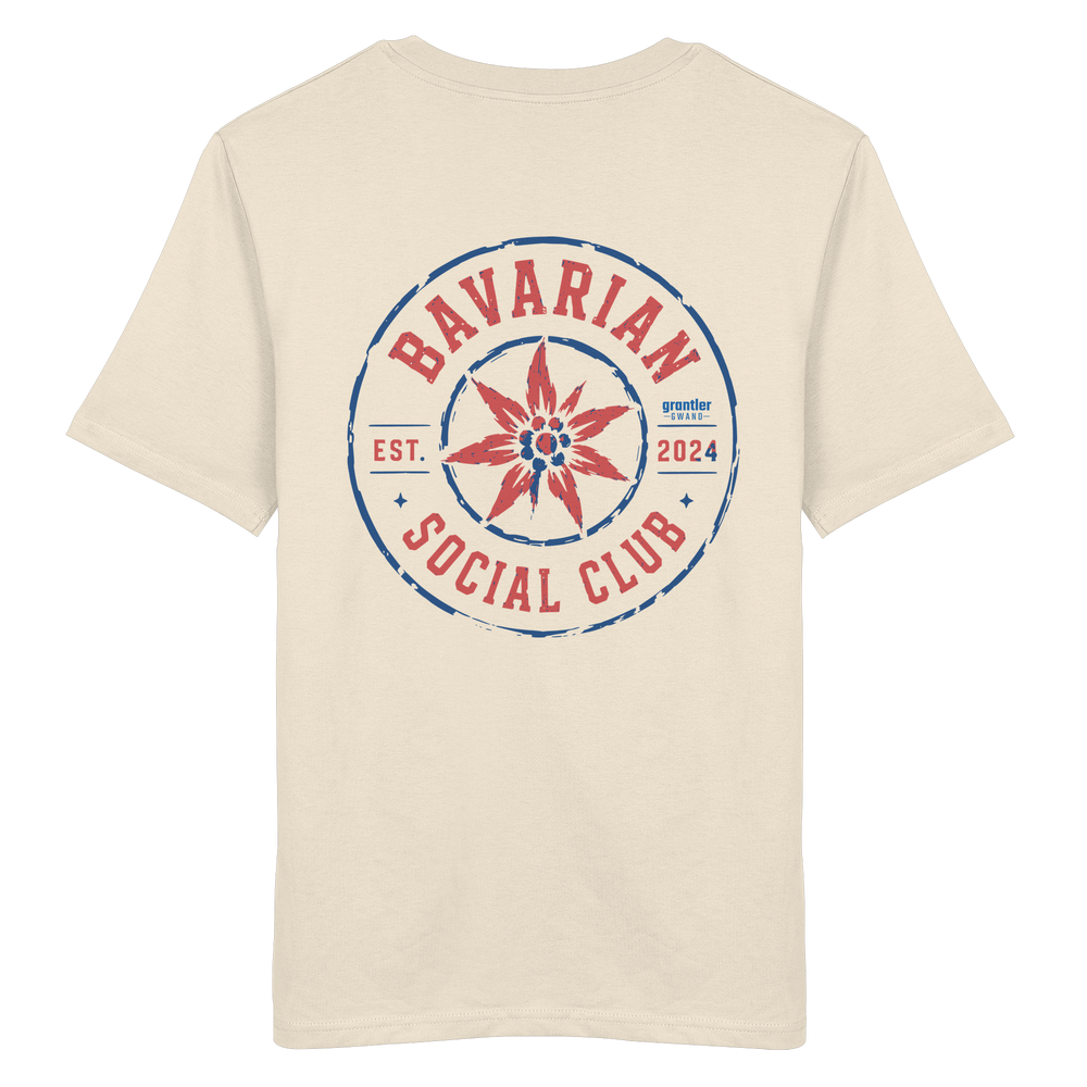 Naturfarbenes T-Shirt mit großem roten und blauen „Bavarian Social Club“-Backprint und Edelweiß im Vintage-Streetwear-Design.