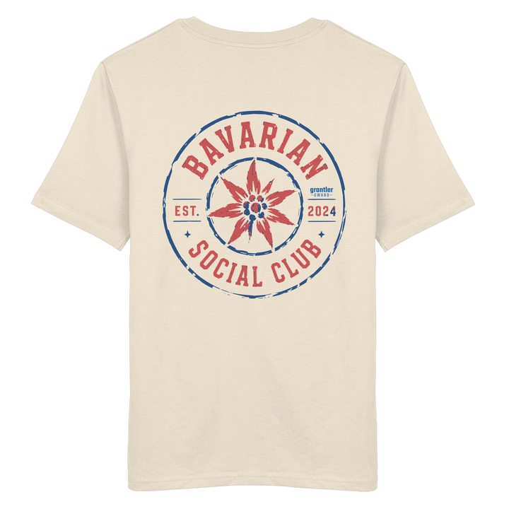 Naturfarbenes T-Shirt mit großem roten und blauen „Bavarian Social Club“-Backprint und Edelweiß im Vintage-Streetwear-Design.