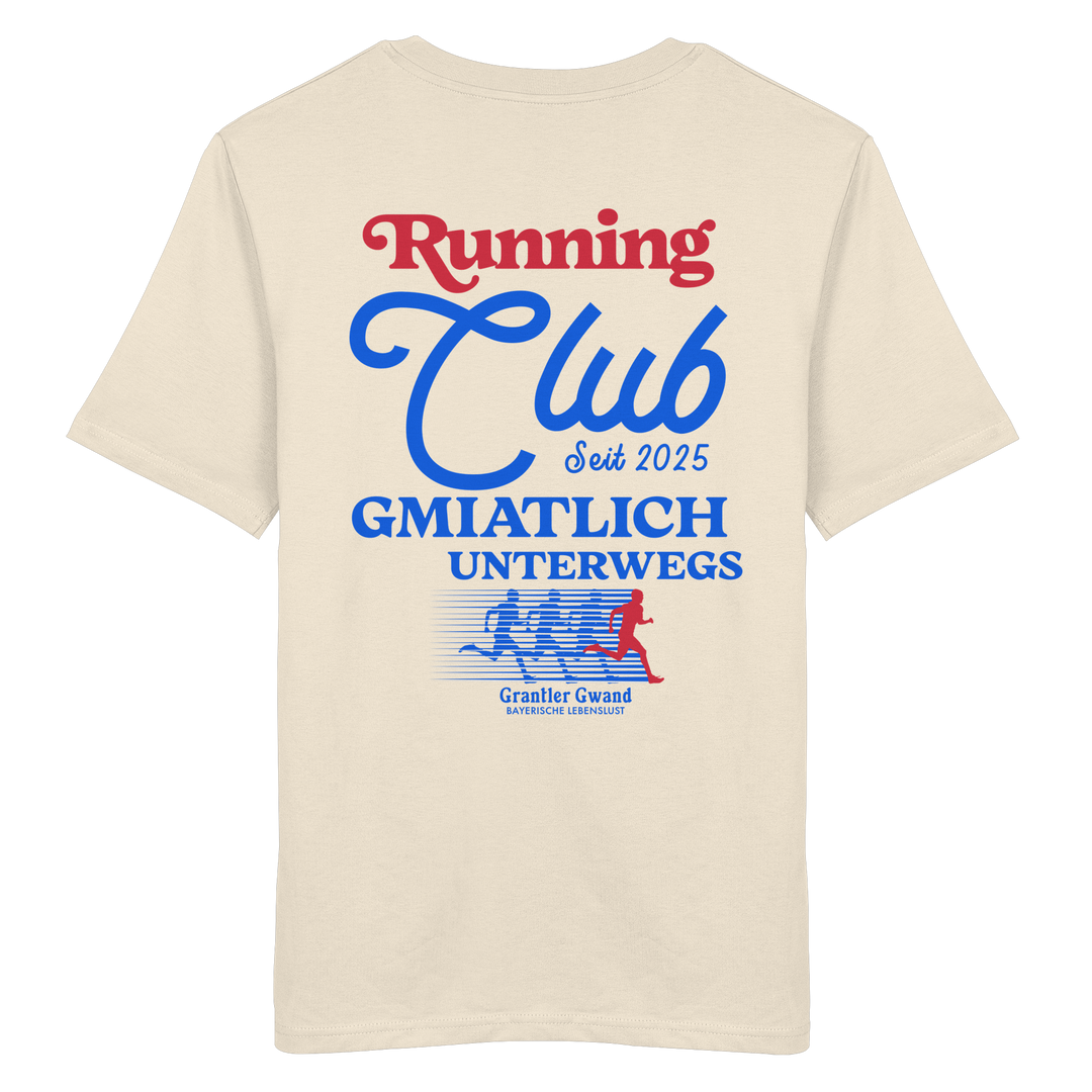 Cremefarbes Unisex T-Shirt mit großem Running Club Backprint im Retro-Design in Blau und Rot sowie „Gmiatlich unterwegs“ Schriftzug – hochwertiges Baumwoll T-Shirt für Laufen, Freizeit und bayerische Streetwear von Grantler Gwand.