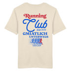 Cremefarbes Unisex T-Shirt mit großem Running Club Backprint im Retro-Design in Blau und Rot sowie „Gmiatlich unterwegs“ Schriftzug – hochwertiges Baumwoll T-Shirt für Laufen, Freizeit und bayerische Streetwear von Grantler Gwand.