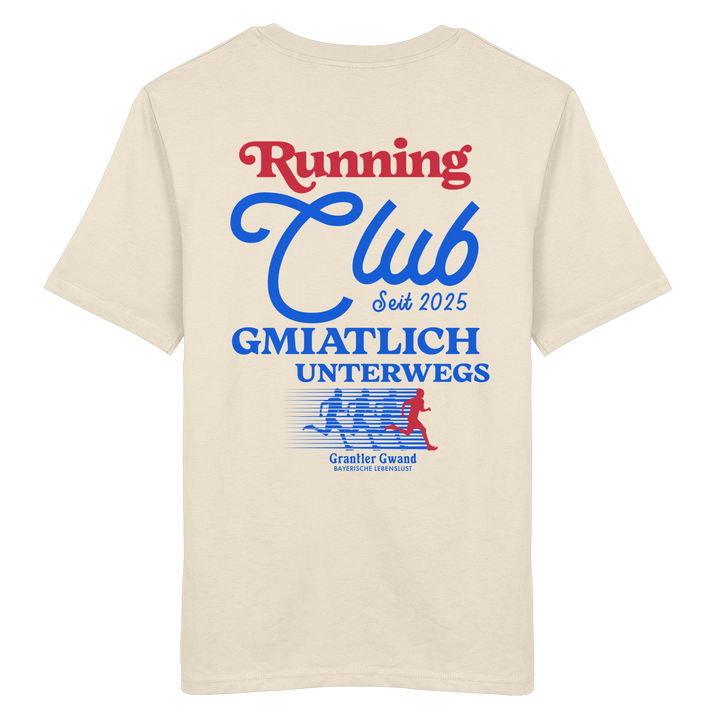 Cremefarbes Unisex T-Shirt mit großem Running Club Backprint im Retro-Design in Blau und Rot sowie „Gmiatlich unterwegs“ Schriftzug – hochwertiges Baumwoll T-Shirt für Laufen, Freizeit und bayerische Streetwear von Grantler Gwand.