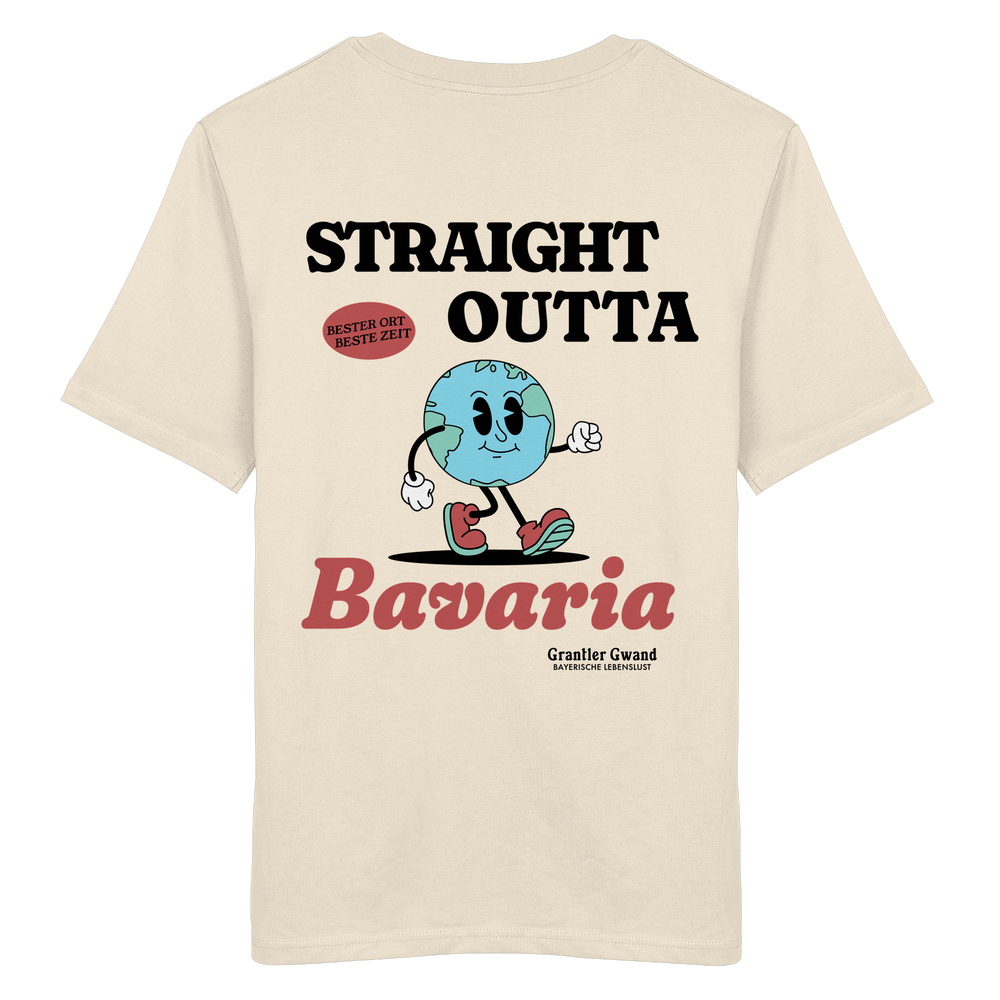 Naturfarbenes Shirt mit großem Backprint „Straight Outta Bavaria“, einer laufenden Weltkugel und dem Schriftzug „Bester Ort. Beste Zeit.“ von Grantler Gwand.