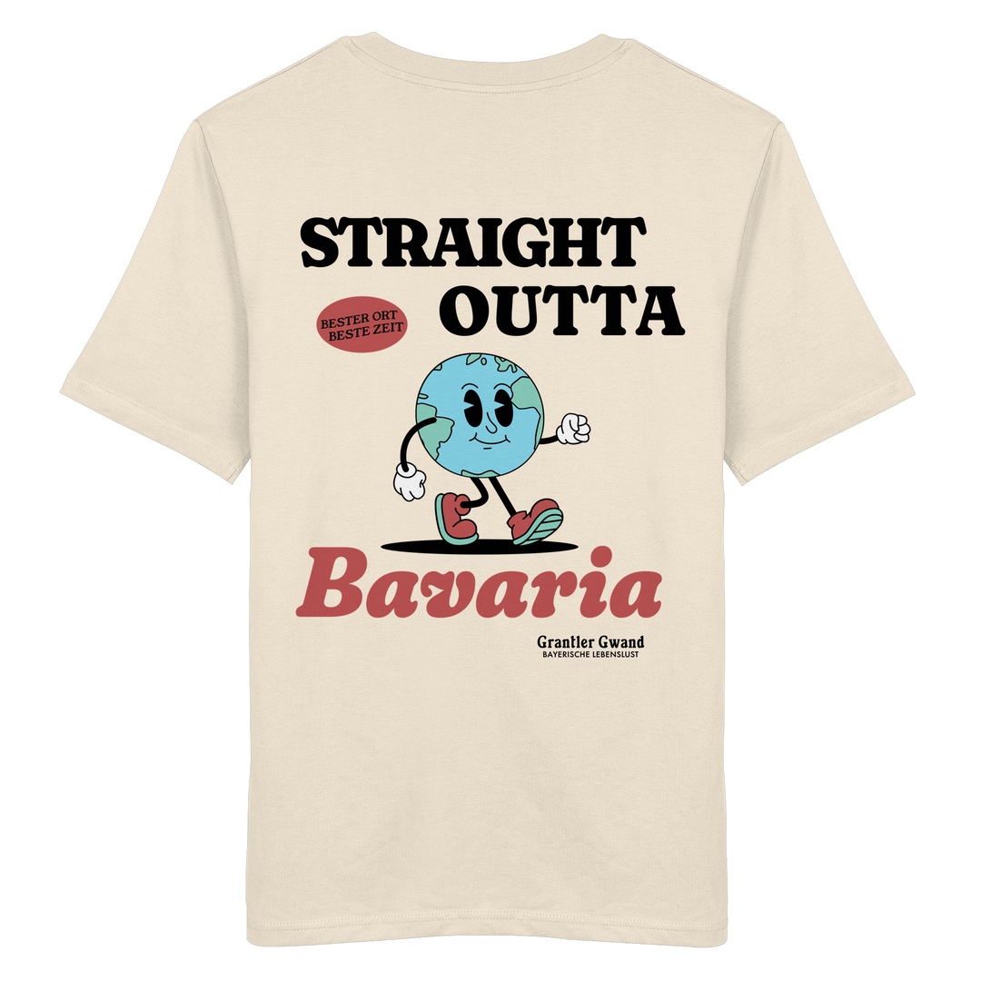 Naturfarbenes Shirt mit großem Backprint „Straight Outta Bavaria“, einer laufenden Weltkugel und dem Schriftzug „Bester Ort. Beste Zeit.“ von Grantler Gwand.