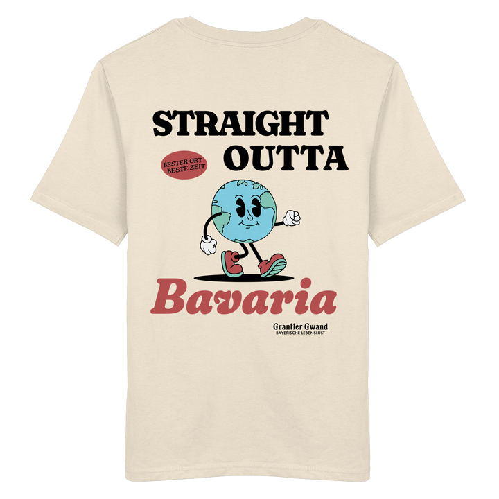 Naturfarbenes Shirt mit großem Backprint „Straight Outta Bavaria“, einer laufenden Weltkugel und dem Schriftzug „Bester Ort. Beste Zeit.“ von Grantler Gwand.