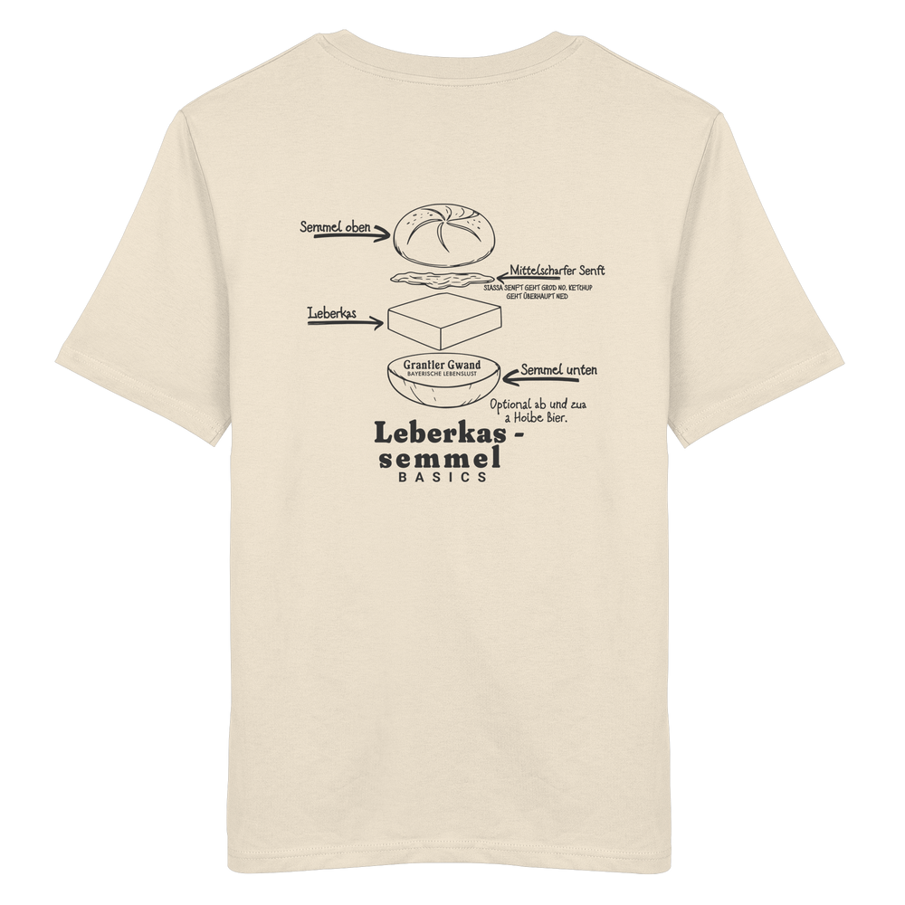 Cremefarbenes Unisex T-Shirt mit Backprint „Die wichtigste Bauanleitung Bayerns“ und Leberkassemmel-Illustration – bayerisches Streetwear T-Shirt von Grantler Gwand.