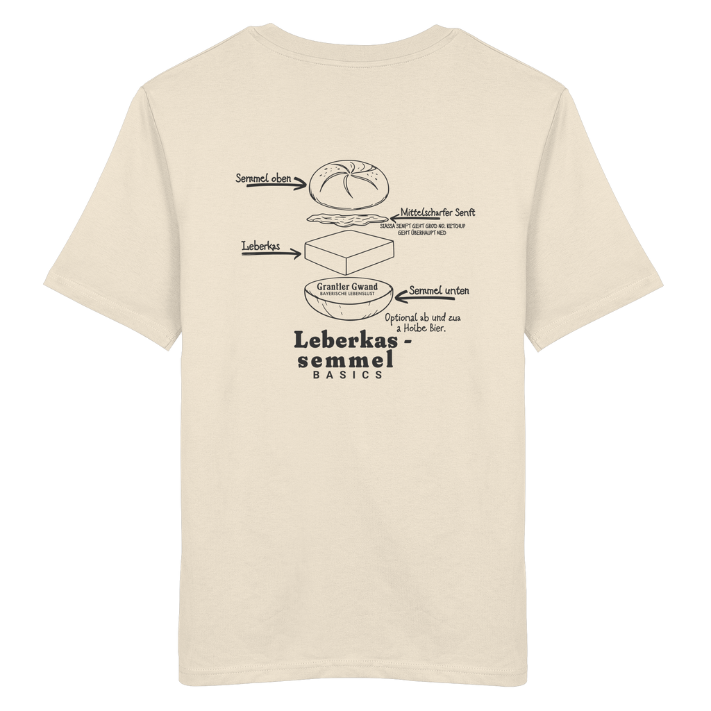 Cremefarbenes Unisex T-Shirt mit Backprint „Die wichtigste Bauanleitung Bayerns“ und Leberkassemmel-Illustration – bayerisches Streetwear T-Shirt von Grantler Gwand.