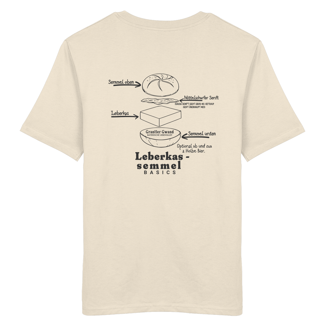 Cremefarbenes Unisex T-Shirt mit Backprint „Die wichtigste Bauanleitung Bayerns“ und Leberkassemmel-Illustration – bayerisches Streetwear T-Shirt von Grantler Gwand.