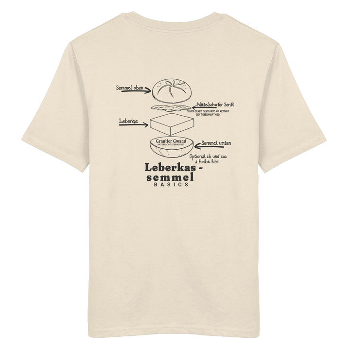 Cremefarbenes Unisex T-Shirt mit Backprint „Die wichtigste Bauanleitung Bayerns“ und Leberkassemmel-Illustration – bayerisches Streetwear T-Shirt von Grantler Gwand.