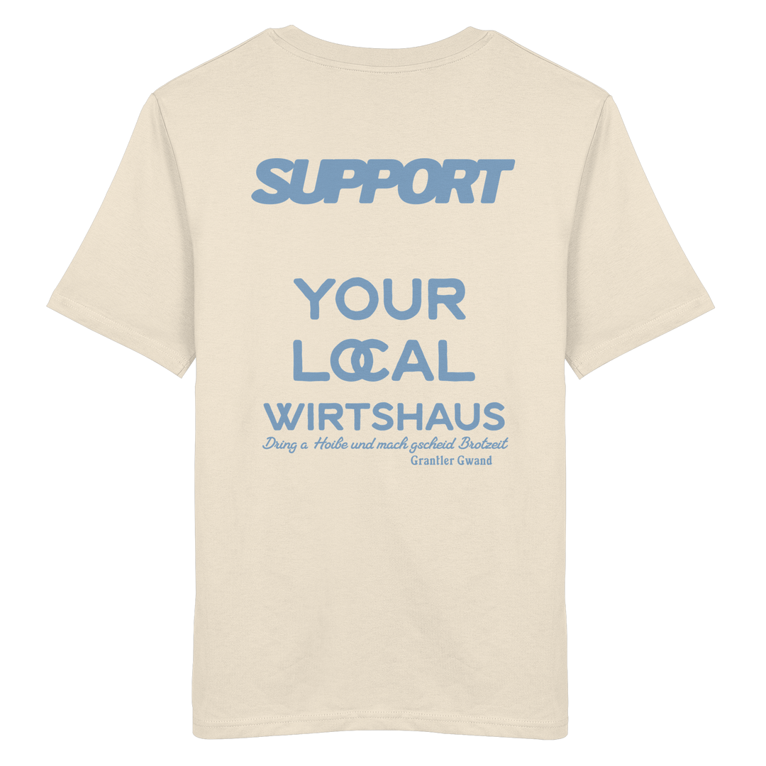 „Beiges Unisex T-Shirt mit großflächigem, blauem Backprint &