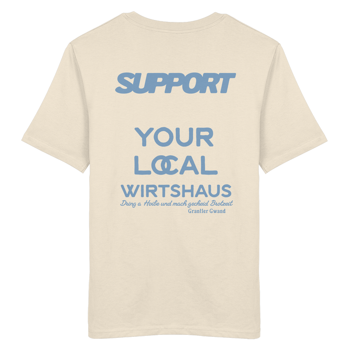 „Beiges Unisex T-Shirt mit großflächigem, blauem Backprint &