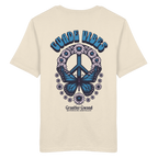 Cremefarbenes Unisex T-Shirt mit großem Backprint aus Peace-Zeichen, Schmetterling und Blumen sowie „Guade Vibes“ Schriftzug – hochwertiges Baumwoll T-Shirt im bayerischen Streetwear-Style von Grantler Gwand.
